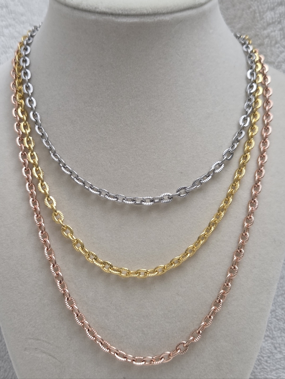 3 ION Plated Cable Chain Necklace Set #1 Large Links (Silver, Gold, Rose Gold)